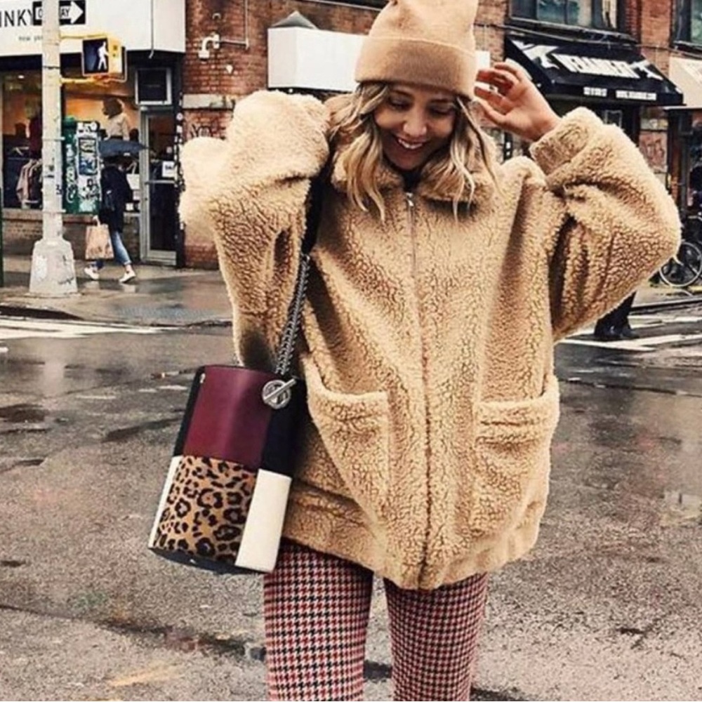 Womens I AM GIA teddy coat camel brown size M